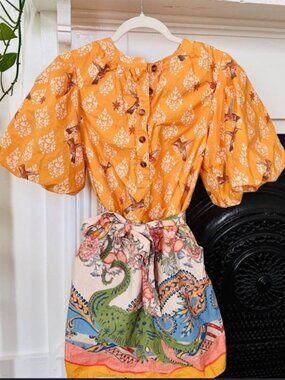 A Loves A Alligator Print Puff-Sleeve Mini Dress – Marigold – Size XS (NWT)